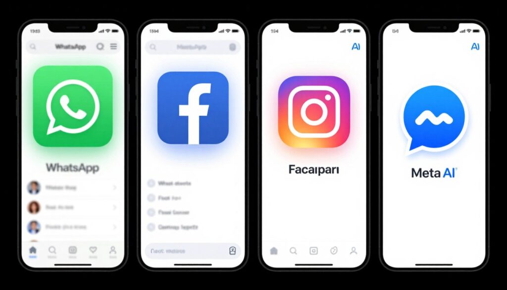 Screenshots showing Meta AI access points across WhatsApp, Facebook, Instagram, and Messenger interfaces