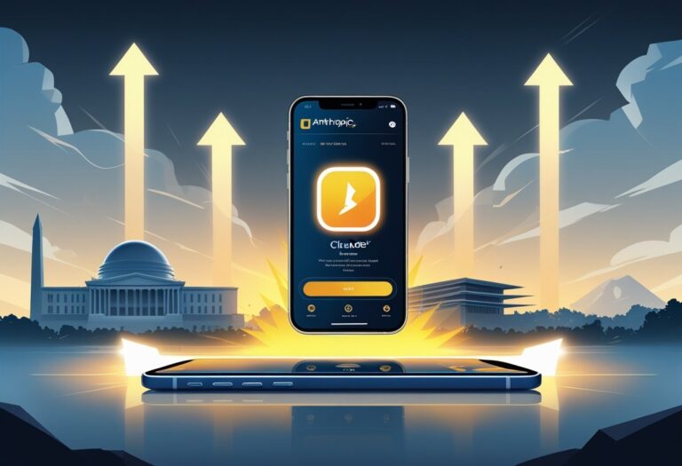 A smartphone showing a glowing app icon at the top of a digital chart with a Pentagon building in the background and ascending arrows symbolising success.
